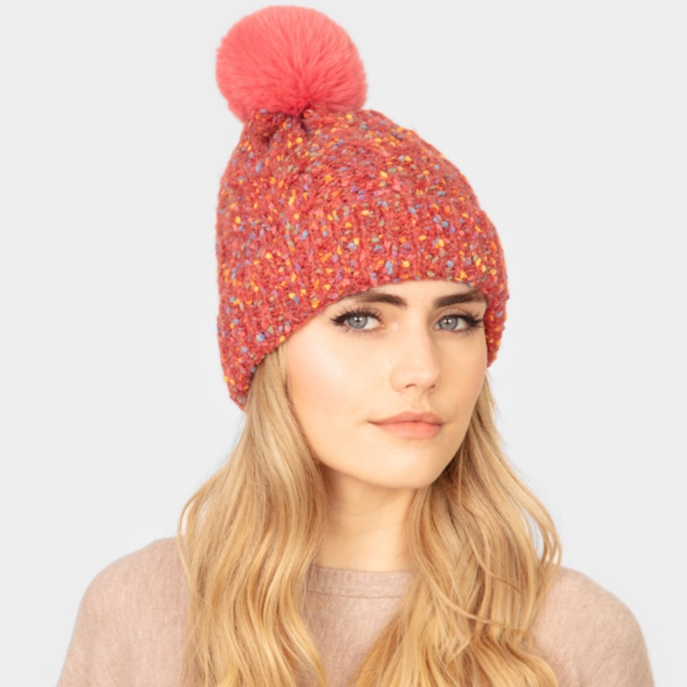 CONFETTI CABLE KNIT POM POM BEANIE HAT- Coral Red